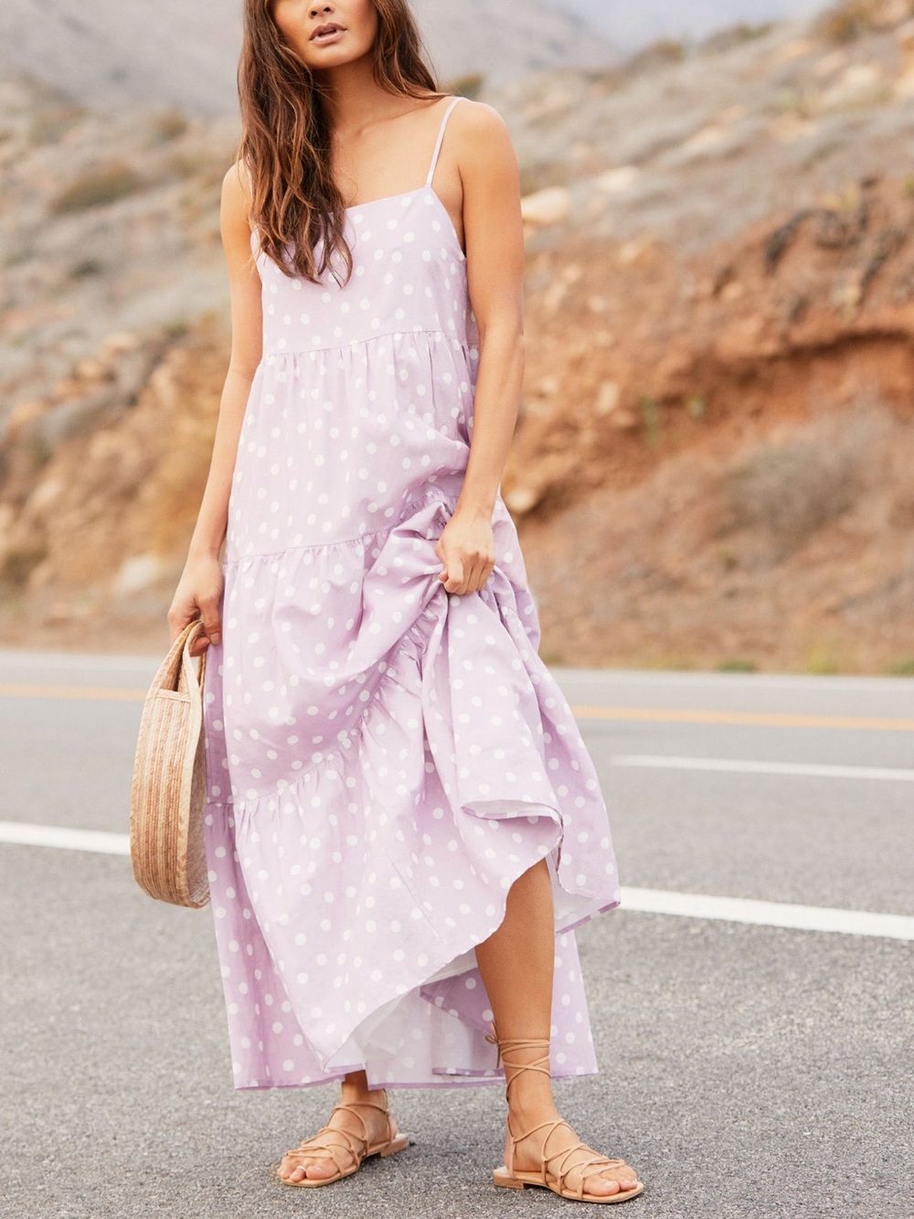 Charlie Holiday Isabella Lavender Polka Dot Tiered Maxi Dress Size 2 & 8 Coastal